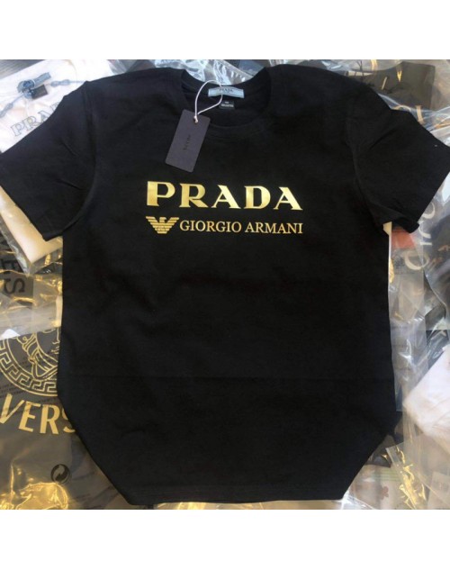 PRADA プラダ Ｔシャツ半袖 子供向け コットン製 丸首ソフト キラキラゴールデンlogo付き カジュアル ファッションお洒落 カップル向け 男女兼用