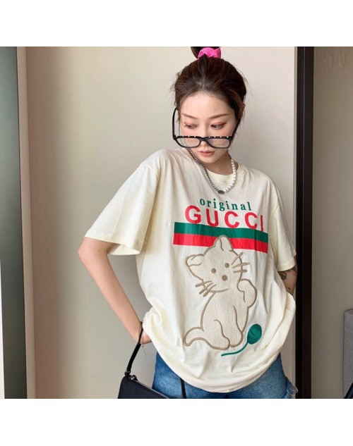 グッチ tシャツ半袖 お洒落logoプリント 可愛い刺繍猫付き カジュアル ソフトコットン製 トップス 潮流人気 女性向け