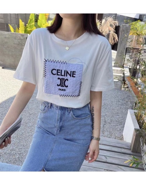 セリーヌ  Tシャツ シンプル 丸首 コットン製 ソフト モノグラム お洒落